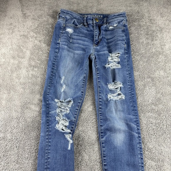 American Eagle Jeans‎ Womens 2 R Blue Super Stretch X Hi Rise Jegging Distressed - Picture 3 of 14